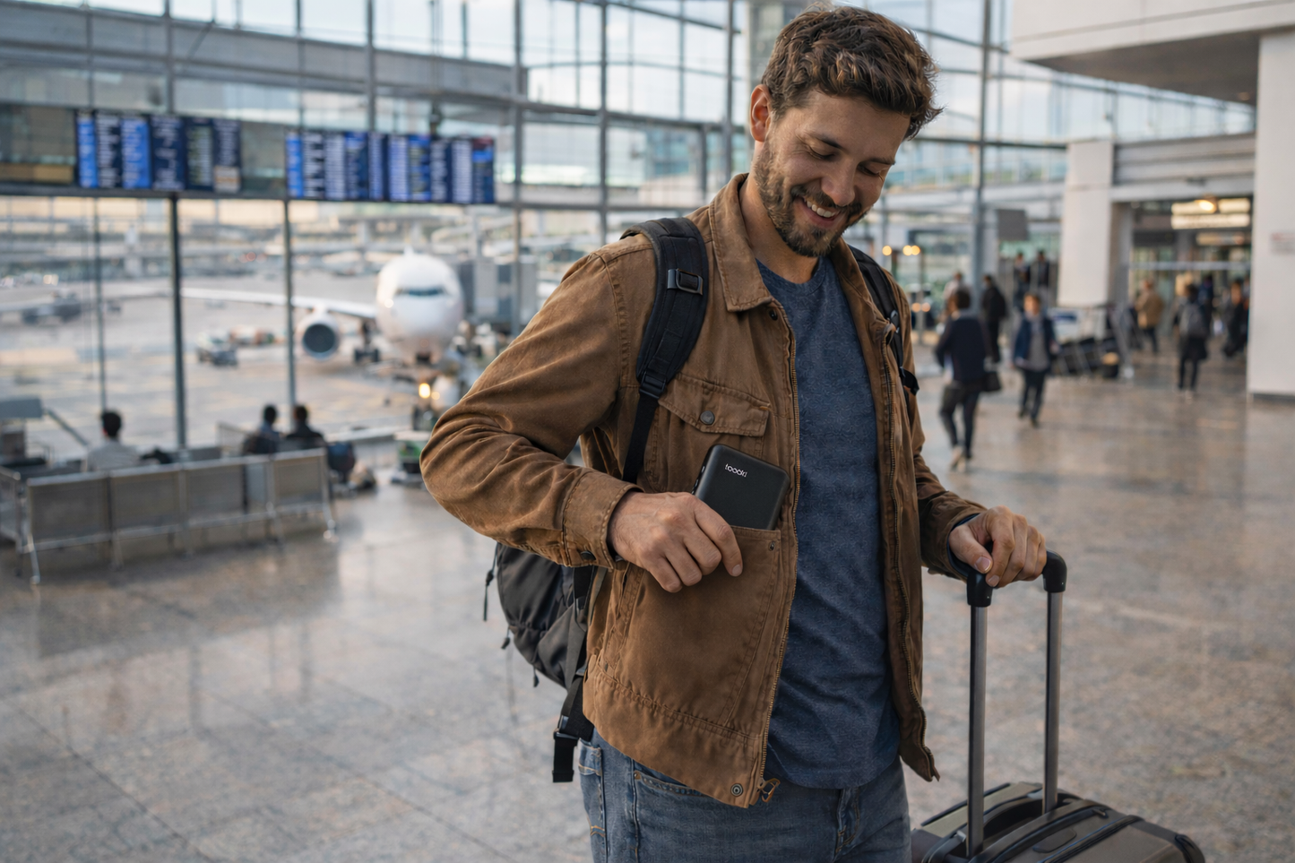homme range batterie externe dans poche aeroport