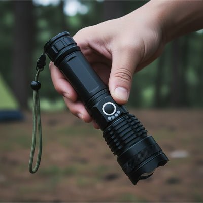 lampe de poche de pres dans une main