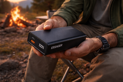 batterie externe dans main homme camping