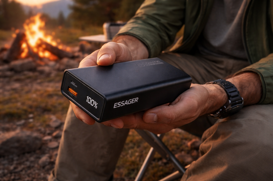 batterie externe dans main homme camping
