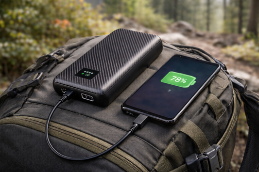 batterie externe recharge telephone posee sur sac randonnee