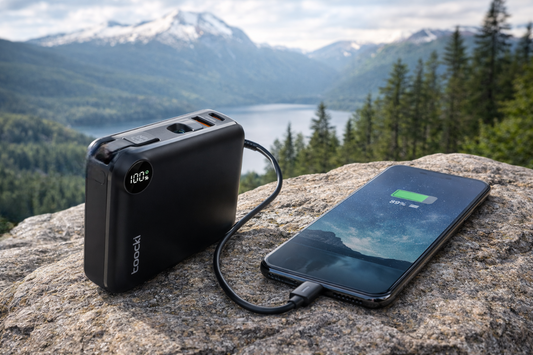 batterie externe recharge telephone sur rocher nature
