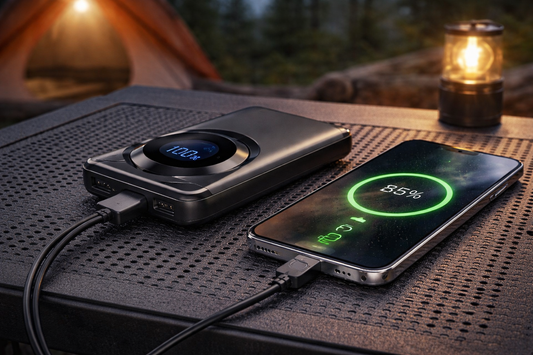 batterie externe recharge telephone sur table camping