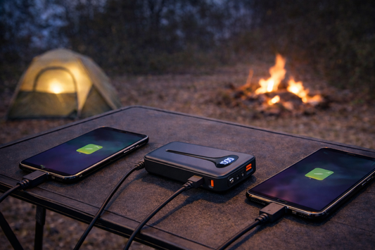 batterie externe sur table camping recharge appareils