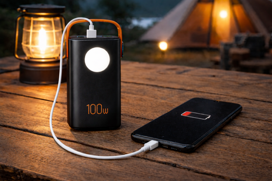 batterie portable recharge telephone sur table camping nuit