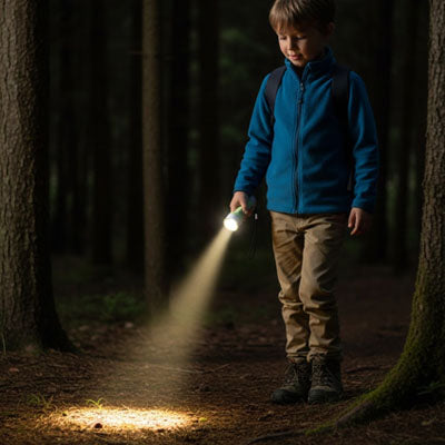 enfant dans foret eclaire avec lampe torche enfant