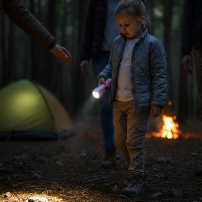 enfant marche avec lampe torche enfant allumee campement