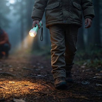 enfant marche dans foret avec lampe torche enfant