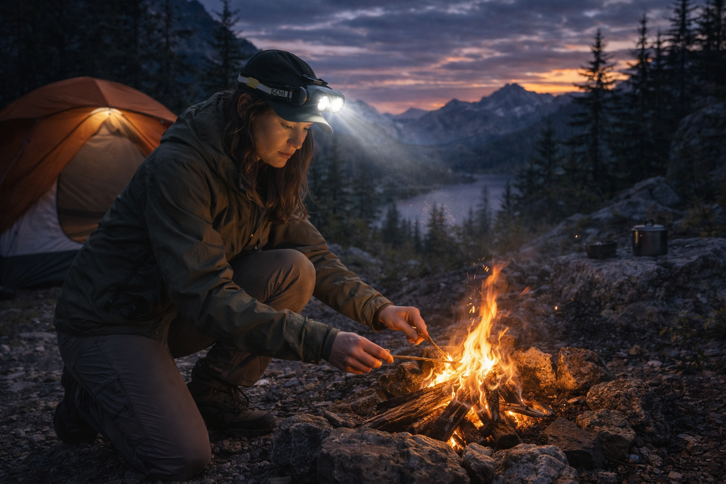 femme allume feu de camp camping et lampe frontale