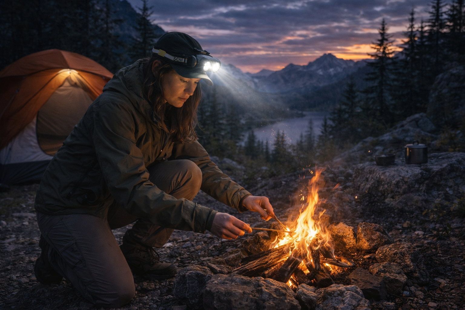 femme allume feu de camp camping et lampe frontale