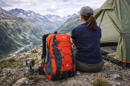 femme assise a cote de tente avec sac de randonnee