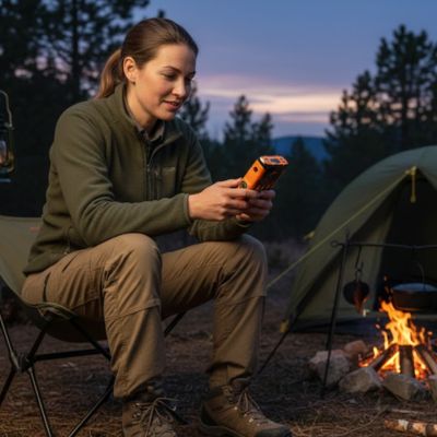 femme assise campement avec batterie externe solaire