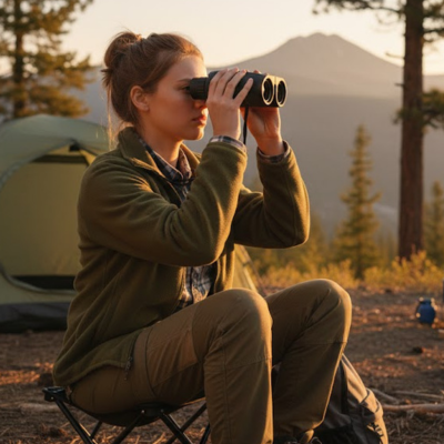femme assise camping observe nature avec jumelles