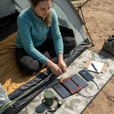 femme assise tente charge telephone avec batterie solaire portable