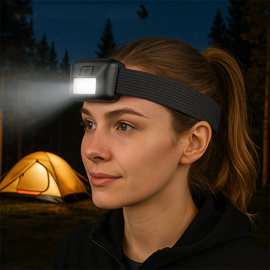 femme campement avec lampe frontale lumineuse nuit