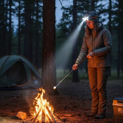 femme campement feu de camp avec lampe frontale rechargeable
