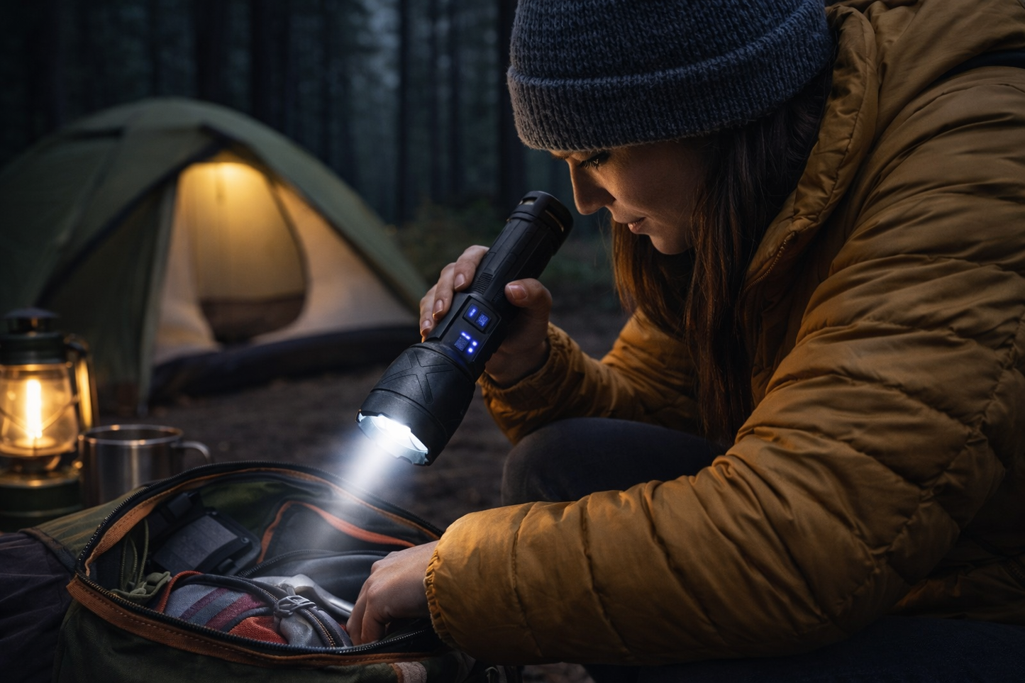 femme cherche dans sac avec lampe torche camping