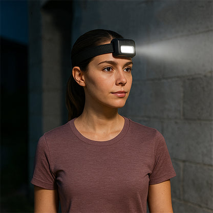 femme eclaire nuit avec lampe frontale