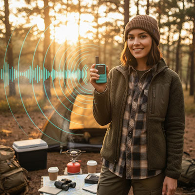 femme entend avec talki walki campement