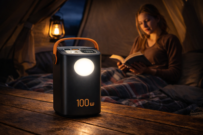 femme lit dans tente avec batterie portable lumineuse