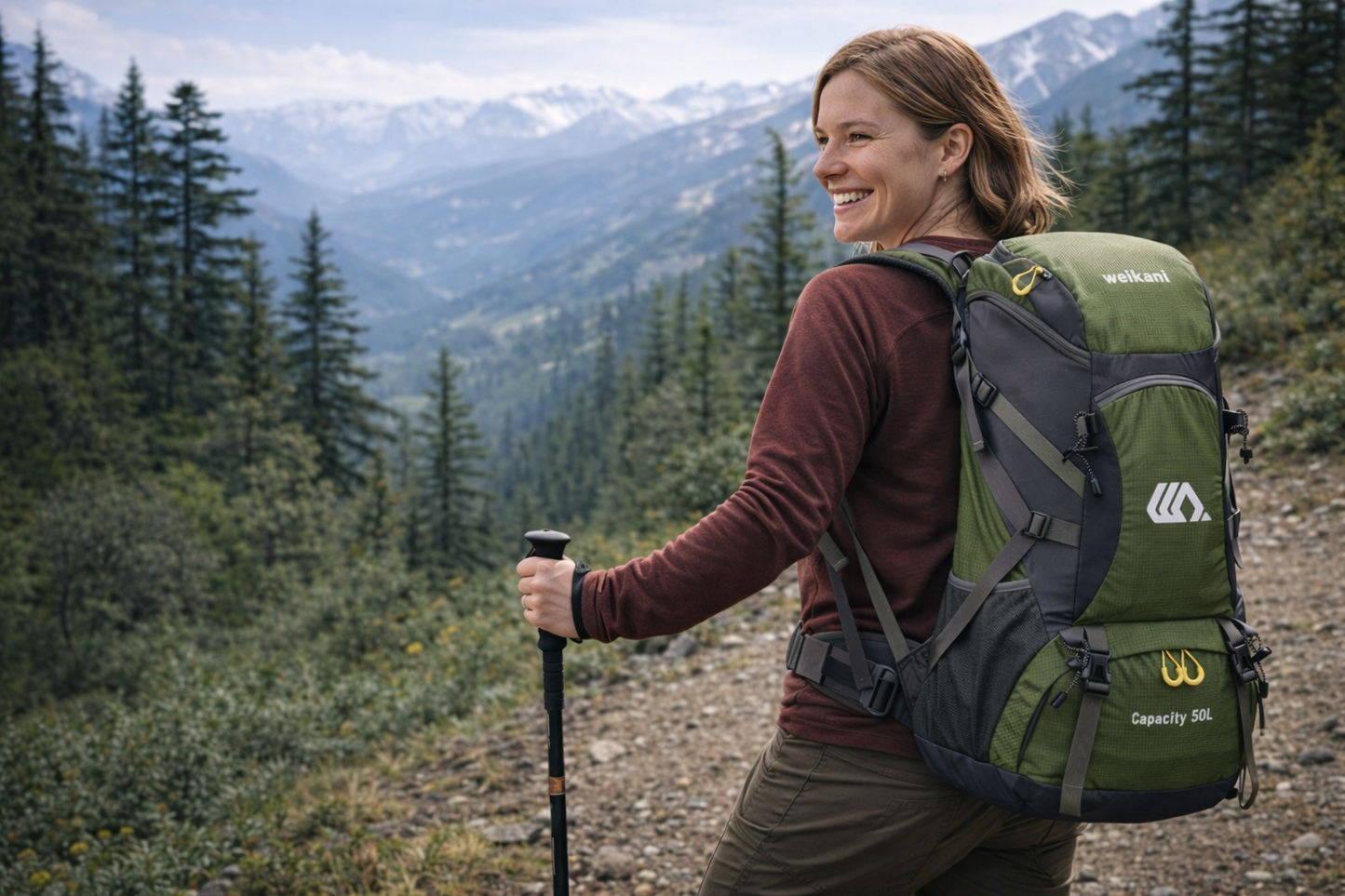 femme marche avec sac de randonnee nature