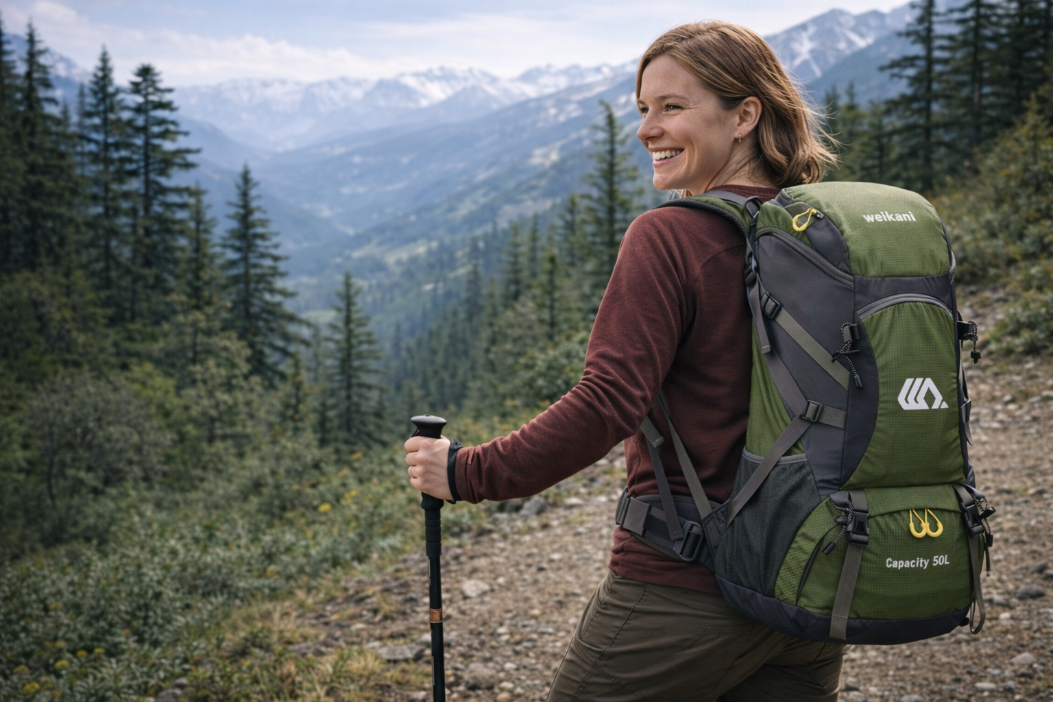 femme marche avec sac de randonnee nature