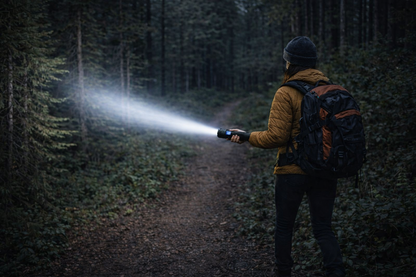 femme marche dans foret eclaire avec lampe torche