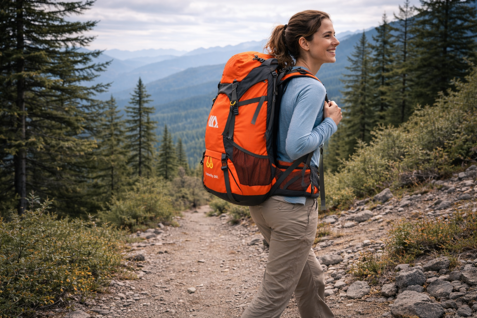 femme nature marche avec sac de randonnee
