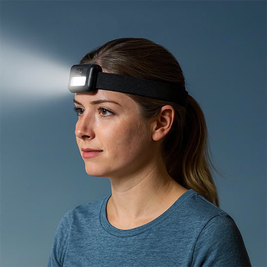 femme portant lampe frontale lumineuse