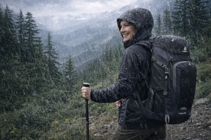 femme portant sac de randonnee sous la pluie foret
