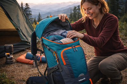femme prend affaires dans sac de randonnee camping