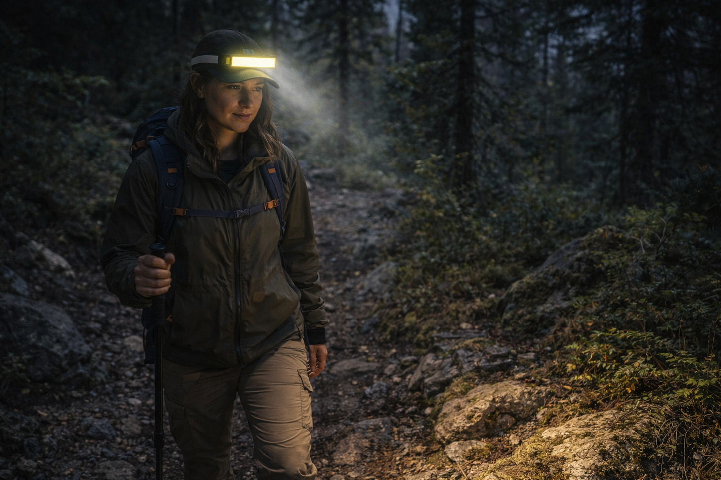femme randonnee nature avec lampe frontale