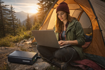 femme recharge ordinateur avec batterie externe dans tente