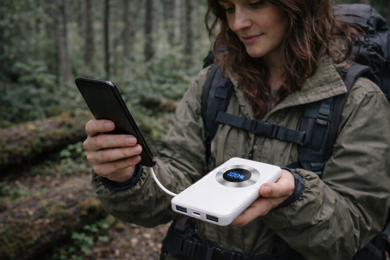 femme recharge telephone avec batterie externe foret