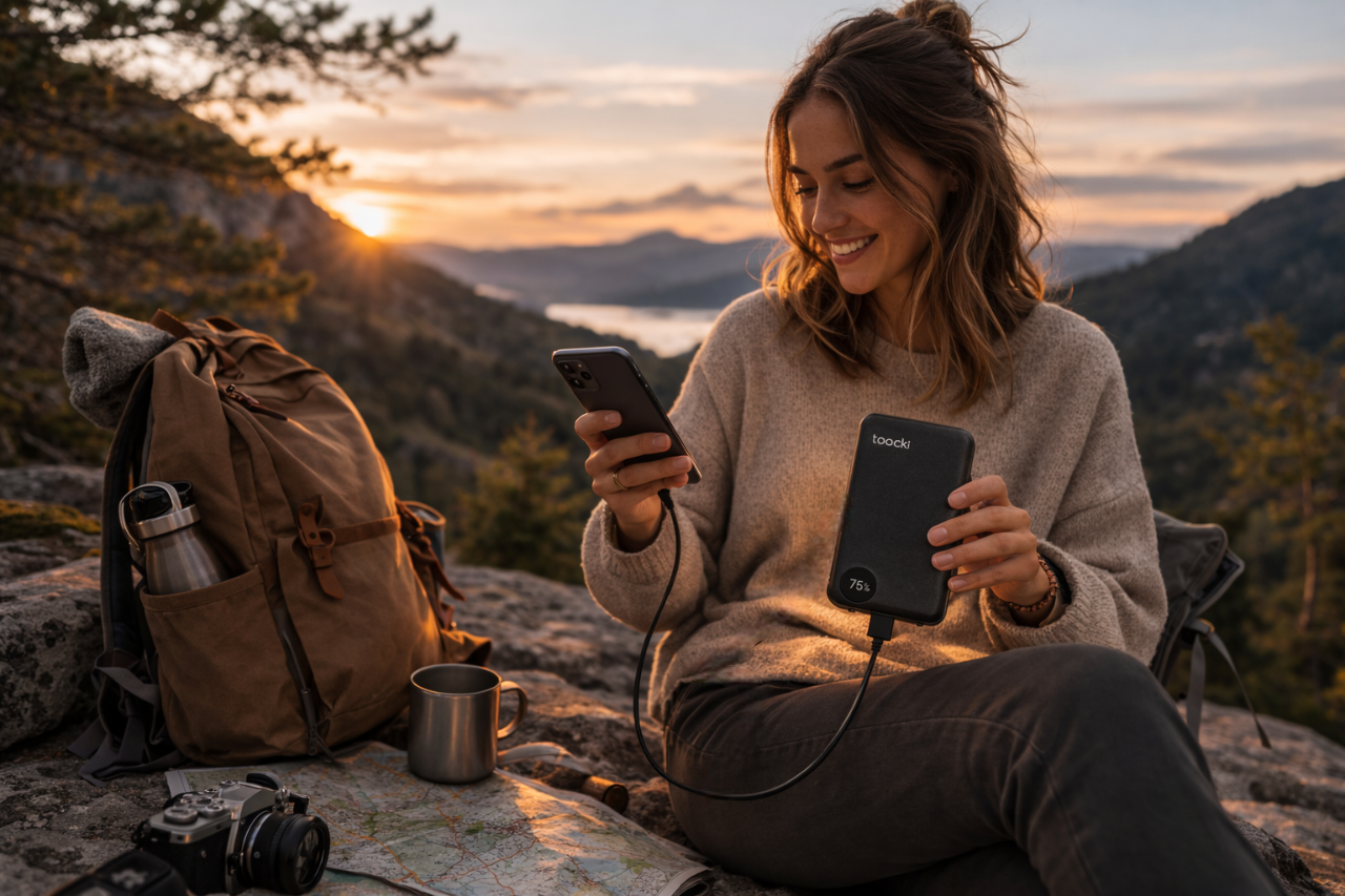 femme recharge telephone avec batterie externe nature