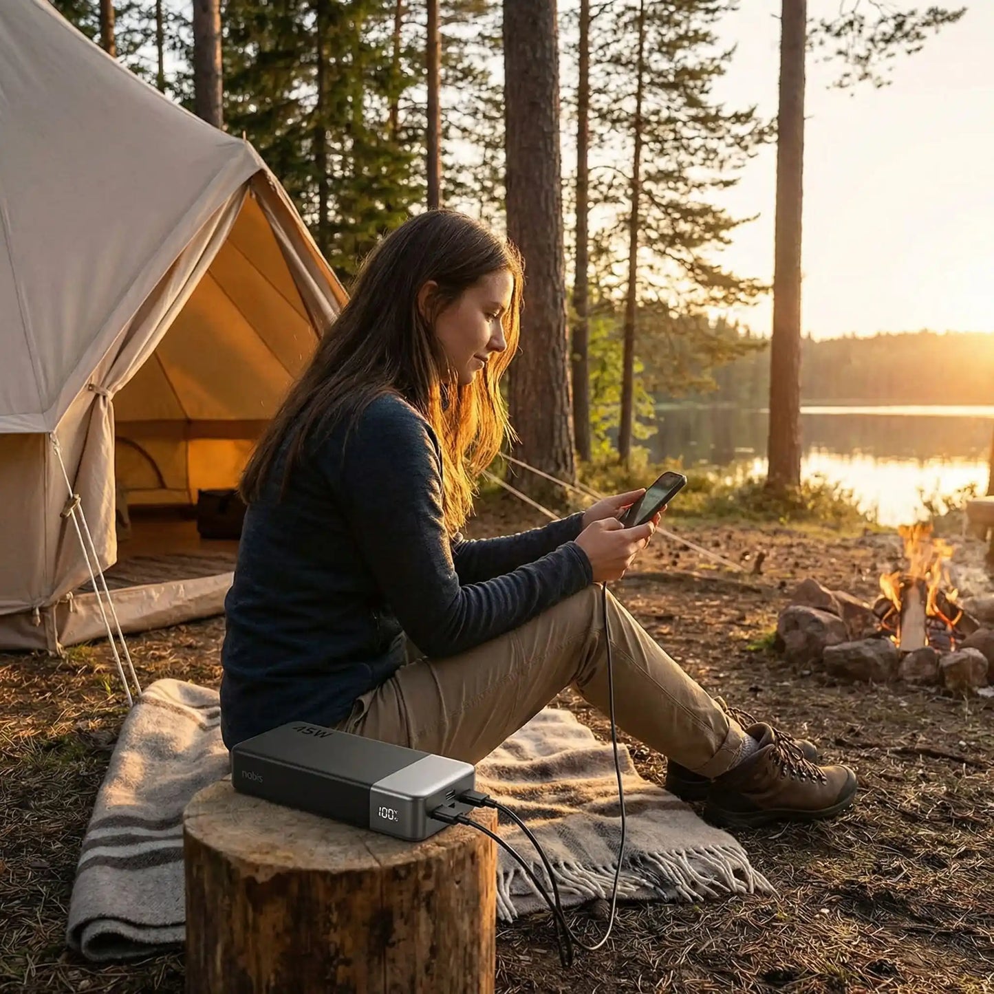 femme recharge telephone avec batterie portable camping