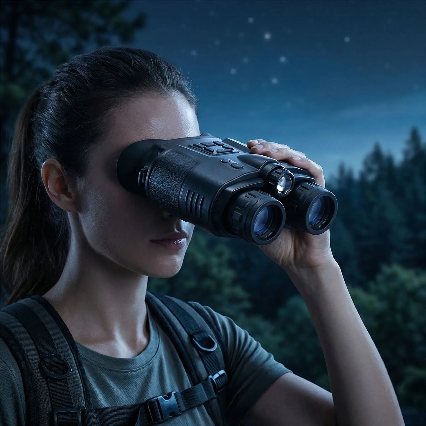 femme regardant avec jumelle vision nocture nuit