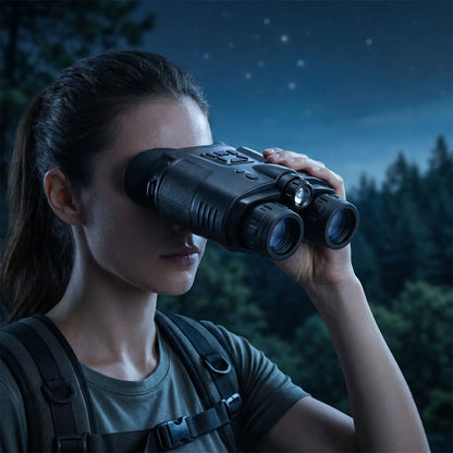 femme regardant avec jumelle vision nocture nuit