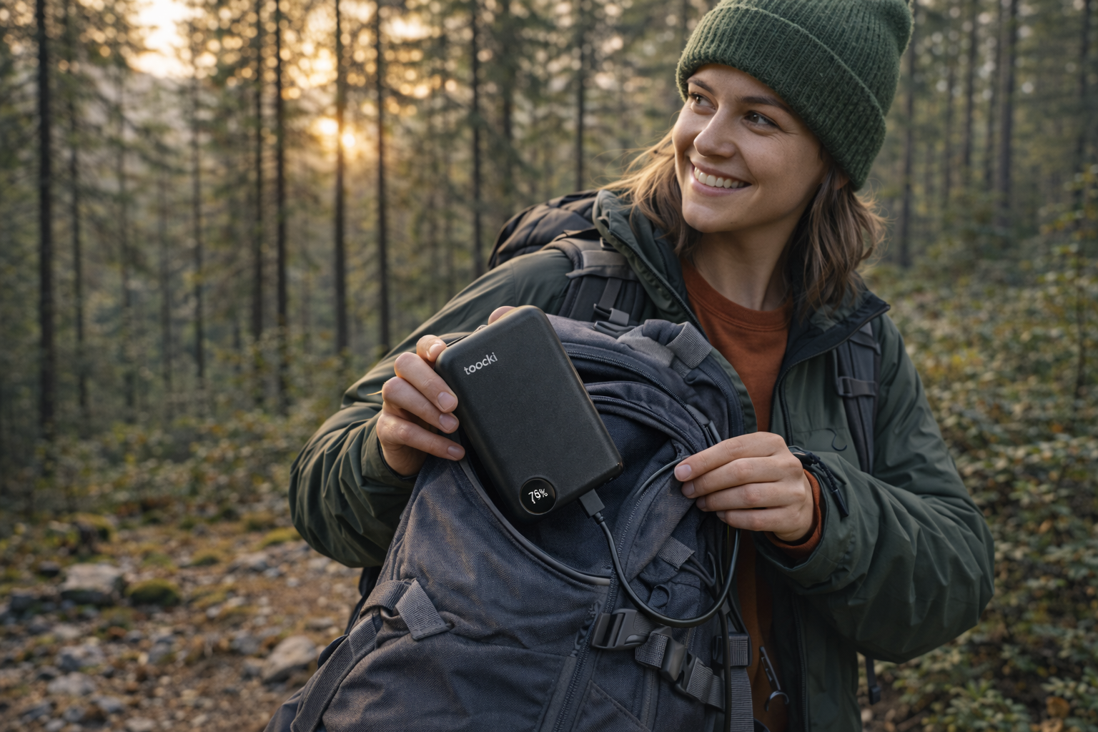 femme sort batterie externe de sac a dosnature