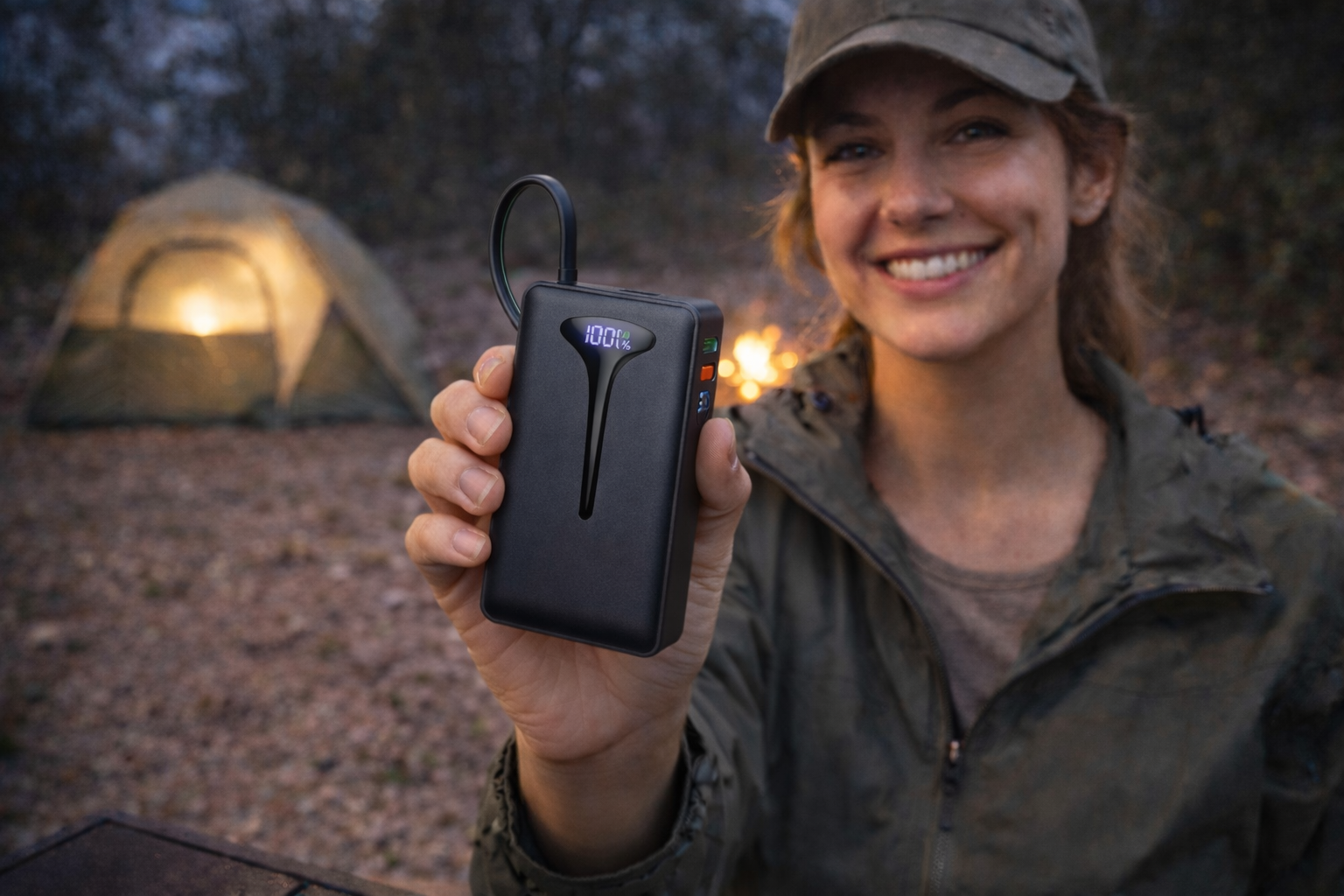 femme tenant batterie externe camping