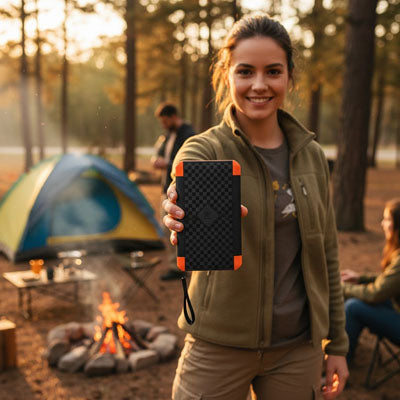 femme tient dans sa main batterie solaire portable camping