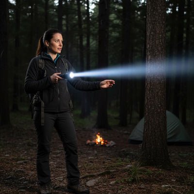 femme avec lampe de poche allumee dans la foret