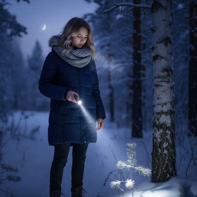 femme avec lampe de poche rechargeable nuit neige
