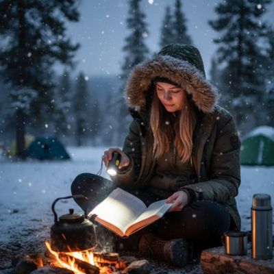 femme eclaire livre dehors feu de camp