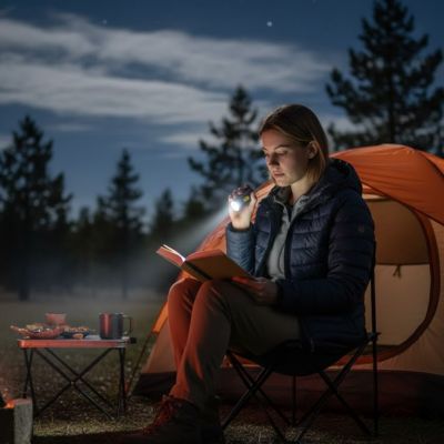 femme lit livre avec lampe de poche rechargeable