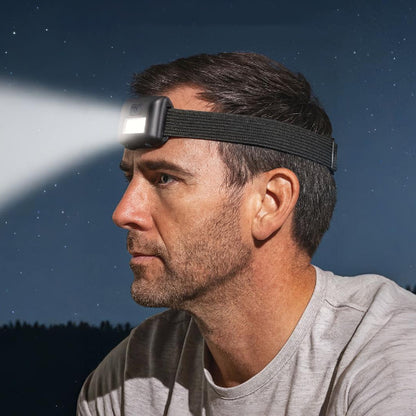 homme avec lampe frontale eclaire dehors nuit