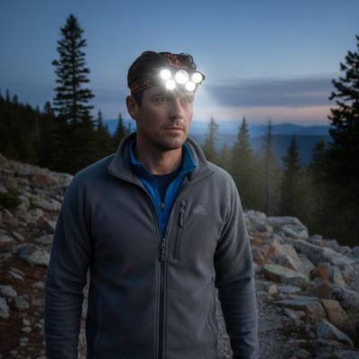 homme avec lampe frontale rechargeable allumee