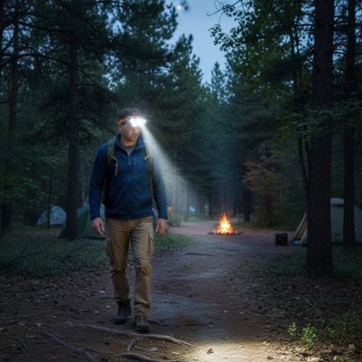 homme balade foret avec lampe frontale rechargeable lumineuse