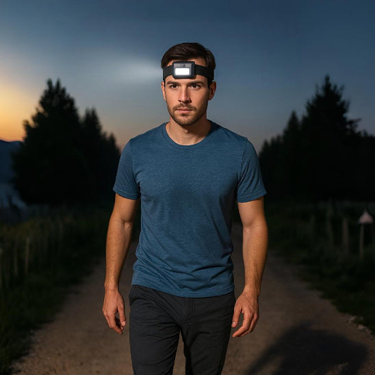 homme balade nocturne avec lampe frontale lumineuse