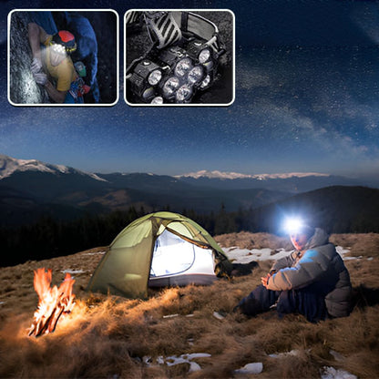 homme campe montagne avec lampe frontale rechargeable lumineuse